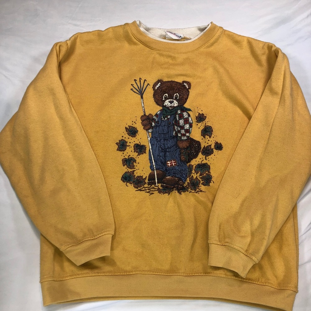 Vintage Bobbie Brooks Farmer Bear Graphic Sweatshirt‎ Mustard Yellow Crewneck